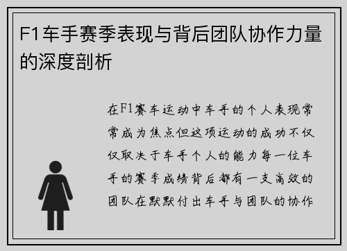 F1车手赛季表现与背后团队协作力量的深度剖析